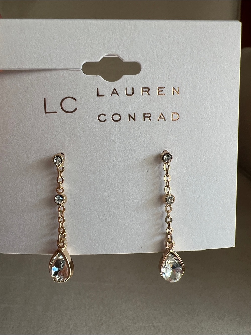 NWT LC Lauren Conrad Gold Chain Drop Earrings with Clear Crystals